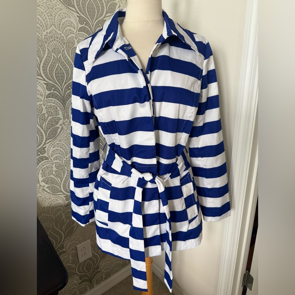Cynthia Rowley Bold Blue and White Striped Trench Coat